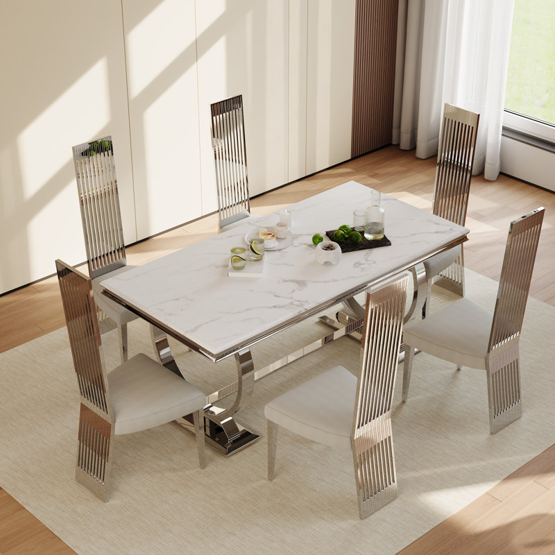 Chaises de salle à manger blanches avec pieds argentés, 6, Argent argent