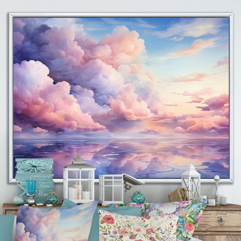 Mauve et rose couleur pastel - art mural ciel, Cadre flottant blanc, H 34 po x l 44 po x P 1,5 po