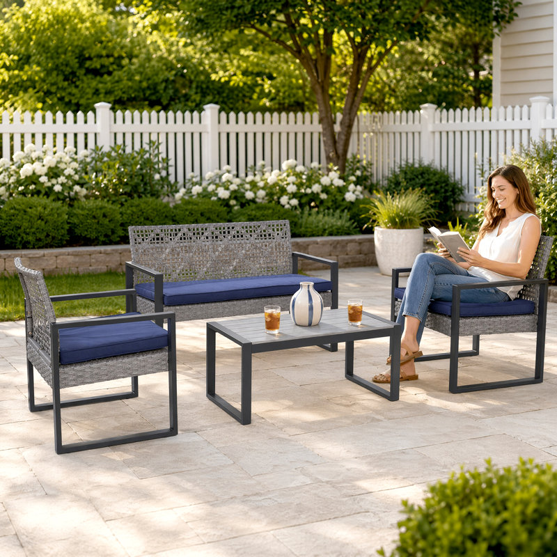Ensemble de mobilier de patio 4 pièces avec table basse et coussin de siège, Gris
