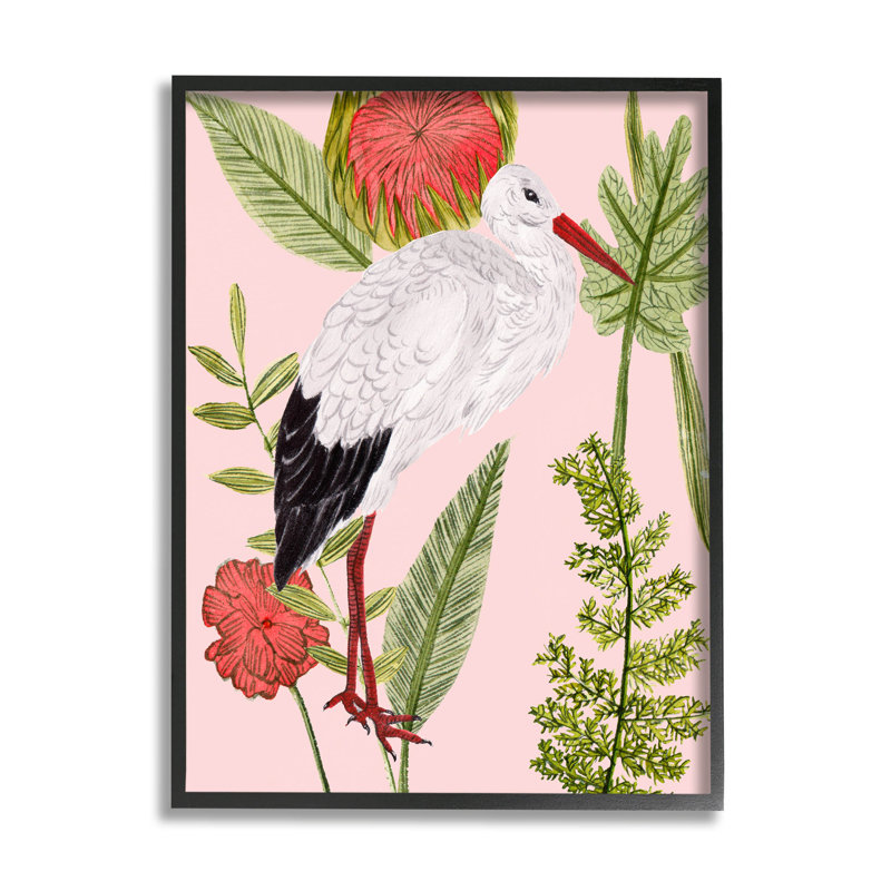 Giclée d'oiseaux botaniques roses par Melissa Wang, H 14 po x l 11 po x P 1,5 po, Giclée encadrée noir minuit