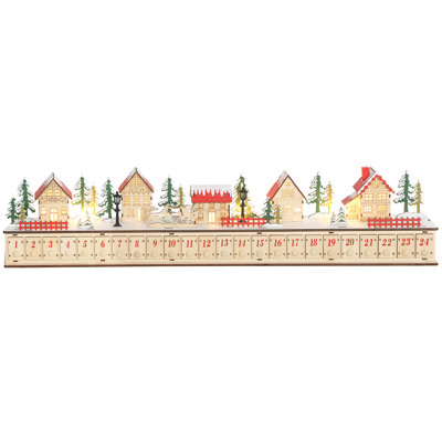 Calendrier de l'Avent de Noël, motif de village de Noël rectangulaire long, 24 tiroirs et 15 lumières DEL chaudes, décor de tableau multicouche sans cordon, aucun assemblage requis pour le manteau de cheminée / tablette