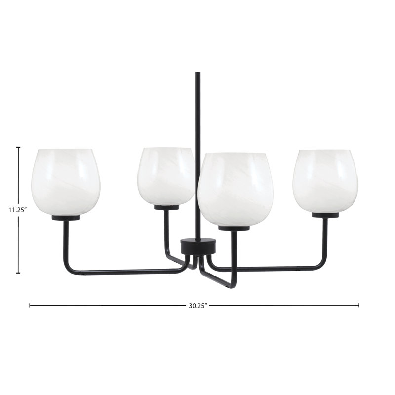 Lustre 4 lumières Amarmula, finition noir mat, verre marbré blanc 6 po, Blanc