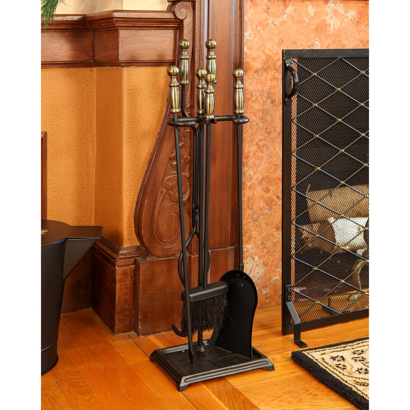 Verrett Iron Fireplace Tool Set, 30.50" H x 6.75" W x 9.75" D, Antique Brass Plated/Black