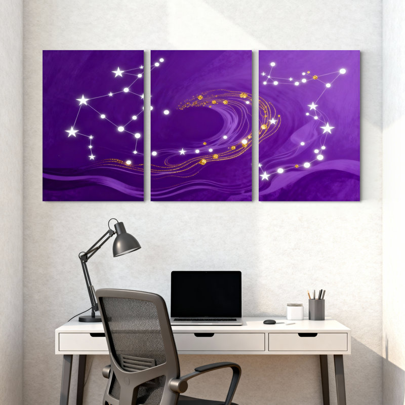 Nautique et plage, ciel mauve, constellation d'étoiles, ensemble de 3 impressions d'art sur toile, H 30 po x l 60 po