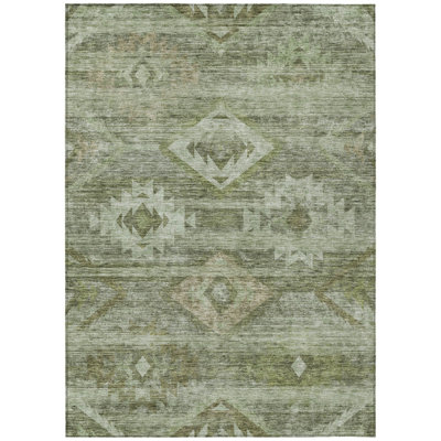 5' X 8' Olive Green And Fern Green Southwestern Washable Indoor Outdoor Area Rug
