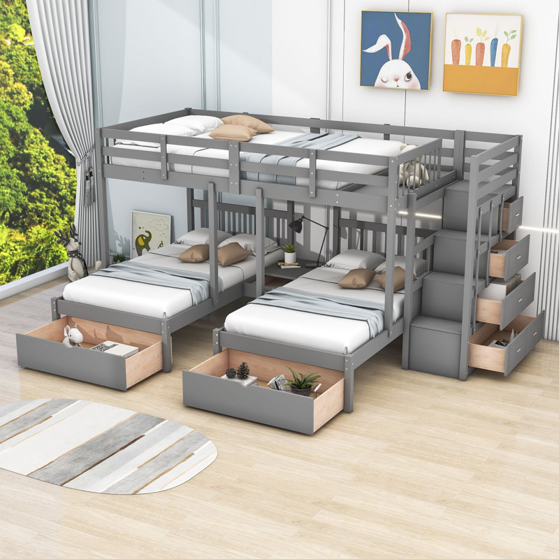 Erlingur Full Over Twin & Twin Wood Triple Bunk Bed with Shelf and Drawers, Gray
