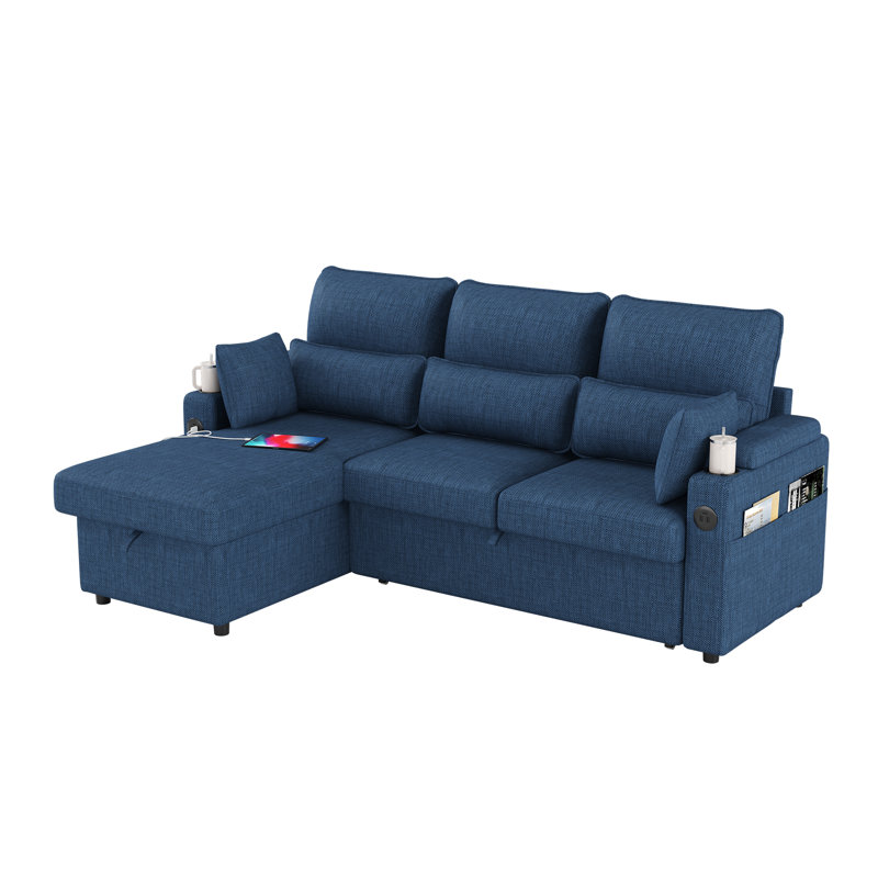 L-Shaped Sectional Sofa Bed Pull Out Sleeper Couch With Storage Chaise, Blue Linen
