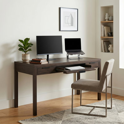Bureau d'écriture contemporain en bois massif l 60 po avec 2 tiroirs et plateau à clavier rabattable Hollander