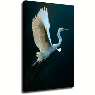 Élégante aigrette blanche en vol, œuvre d'art animalière, grande toile tendue sur châssis pour salon ou chambre