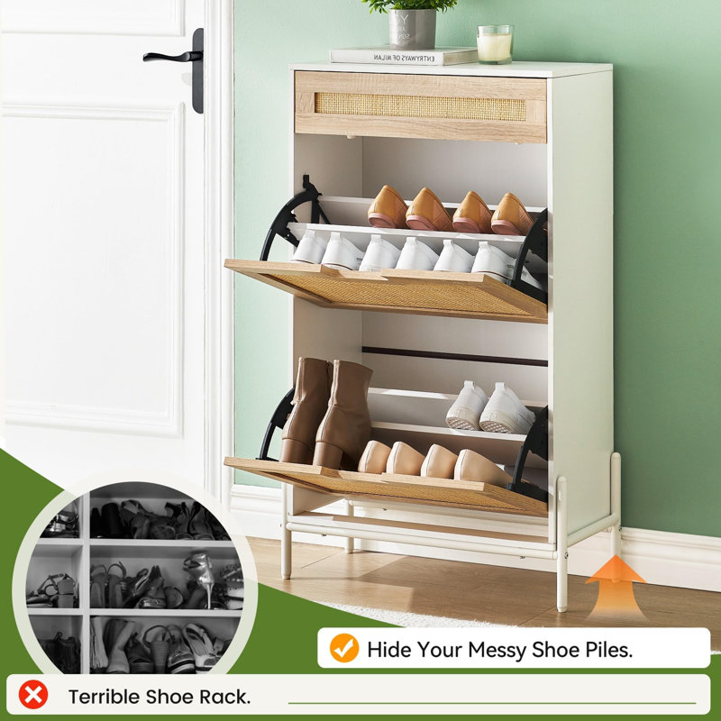 Rattan Shoe Cabinet with 2 Flip Drawers & Adjustable Shelf, Narrow Hidden Shoe Storage for Entryway or Home, White/Oak