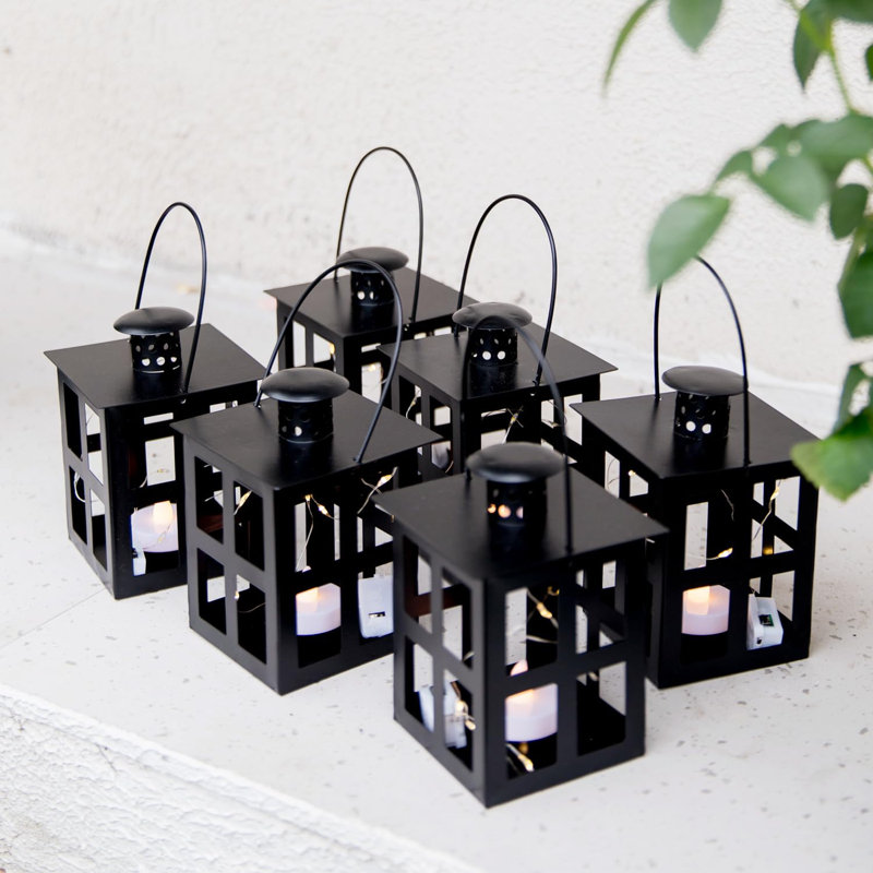 Lantern 6pcs Modern Farmhous Candle Lanterns Decorative with LED & String, Black