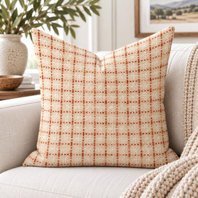 Rust Red terracotta and Cream Plaid check woven Pillow Cover
