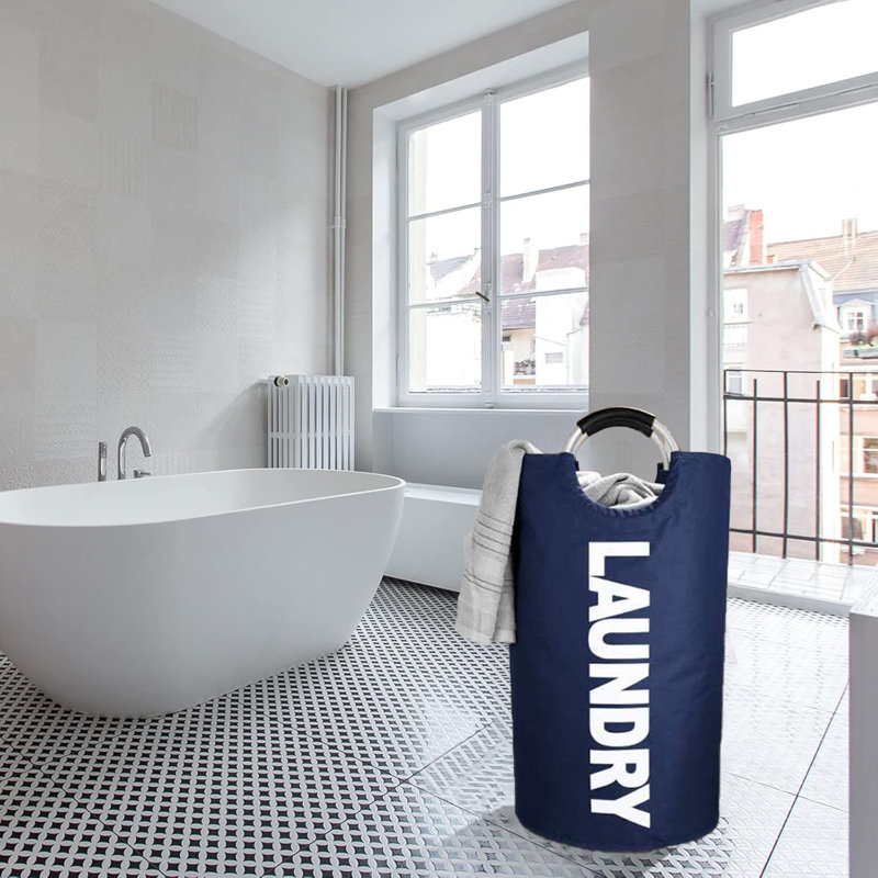 Panier à linge 115 L tissu pliable avec poignée noir, Bleu marine