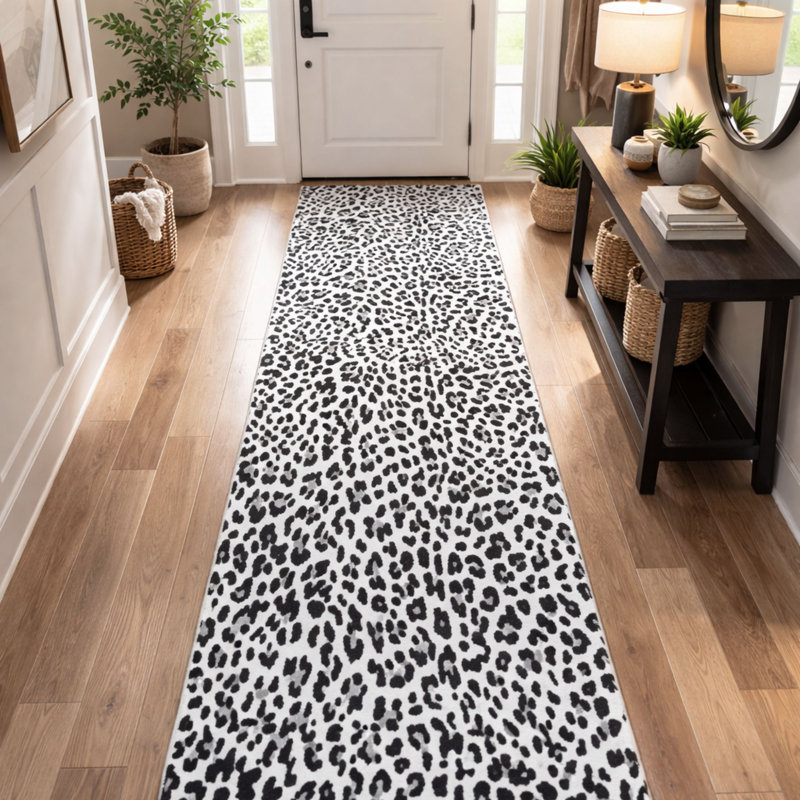 Kaira Soft Non-Slip Indoor Leopard Rug, Runner 1'10.5" x 37', Snow Leopard
