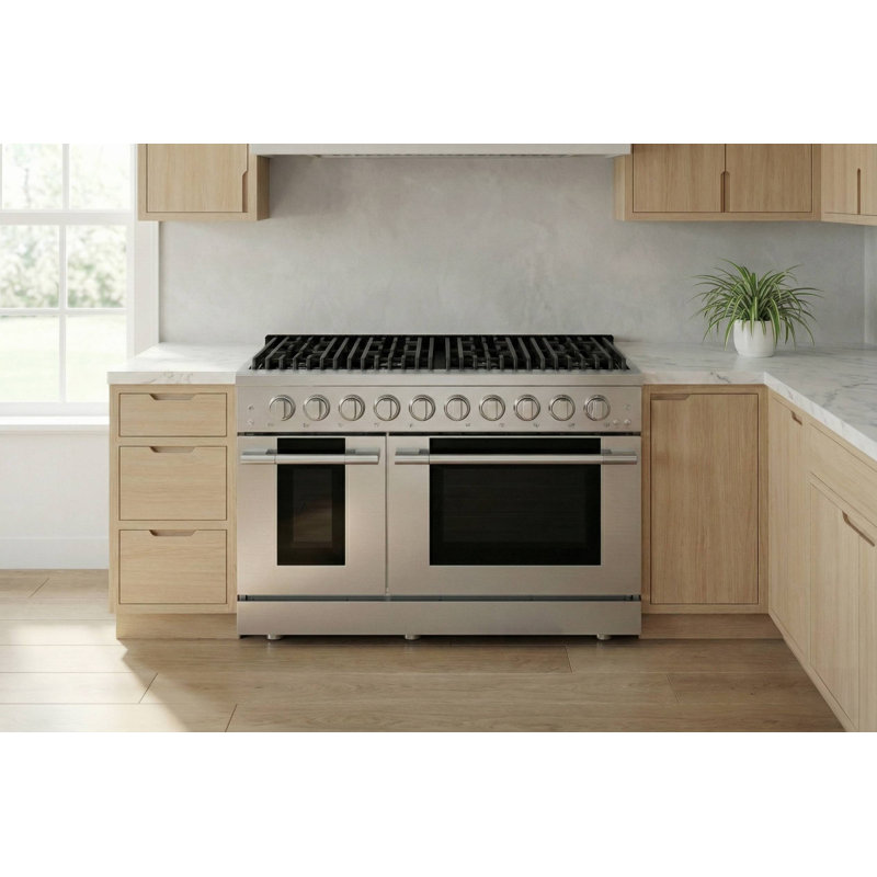 Hauslane 48" Dual Fuel Range In Stainless Steel | 8 Burners Up To 20,000 Btus | 6.7 Cu. Ft. Double Convection Oven With 5 Rack Positions | Convertible Ng/Lp | Cool-Touch Triple-Layer Door Satin Brass