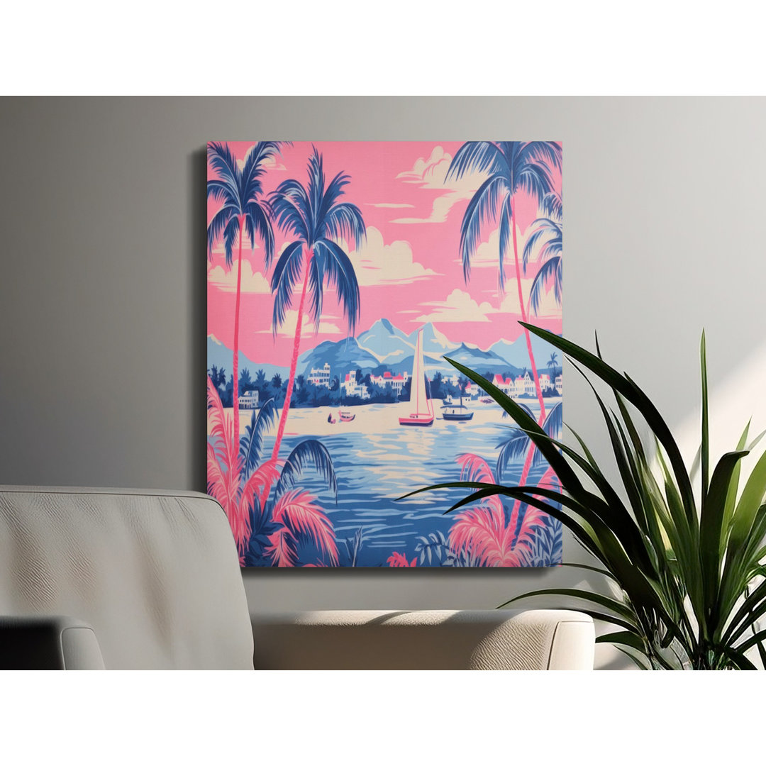 Tropical Palm Canvas Wall Art, Pink Sky Seascape, Gallery Wrapped Print, Coastal Decor, Beach House Art, Modern Home Decor, Ready to Hang