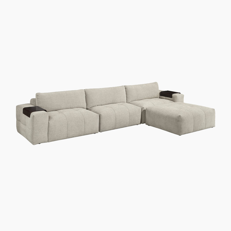 Rousey 154" Modern & Contemporary 4-Piece Modular Sectional with Ottoman, Textured Fabric Upholstery, Tufting Details & Wooden Armrest Trays