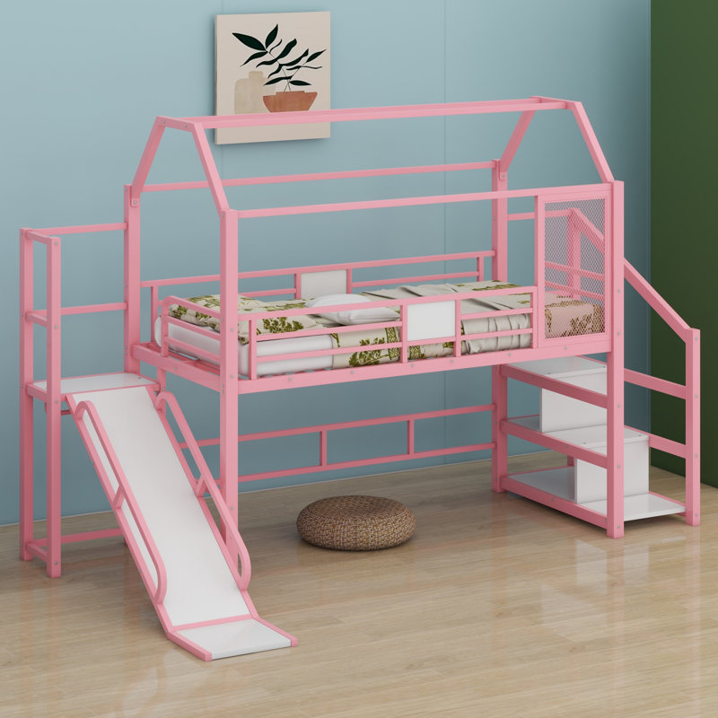 Metal House Loft Bed With Slide,Stairs And Storage Shelves, Pink