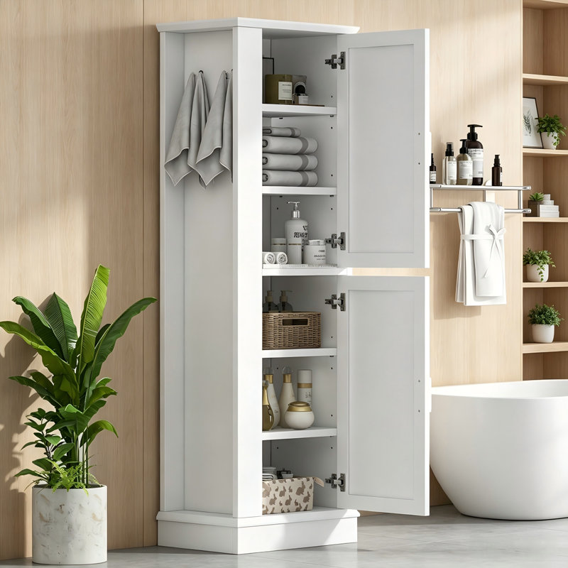  Freestanding Tall Bathroom Storage Cabinet with Hook and Adjustable Shelf, White