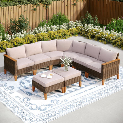 Lark Manor™ Argyri Wicker Outdoor Patio Conversation Furniture Sectional Set with Fire Pit Table