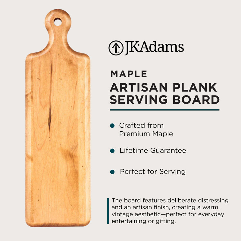 J.K. Adams Maple Artisan Plank, Wooden Serving Board Tray with Handle, 20" x 6"