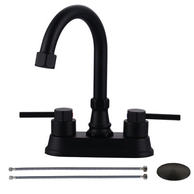 4 In. Centerset Double Handle High Arc Bathroom Faucet With Drain Kit And Water Inlet Pipes Included In Matte Black