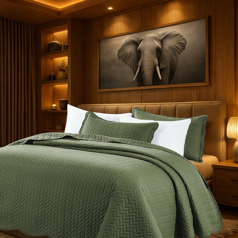 Microfiber Embossed Oversized Bedspread Set With Shams – Modern & Contemporary, Machine Washable, Dust-Resistant, Olive Green