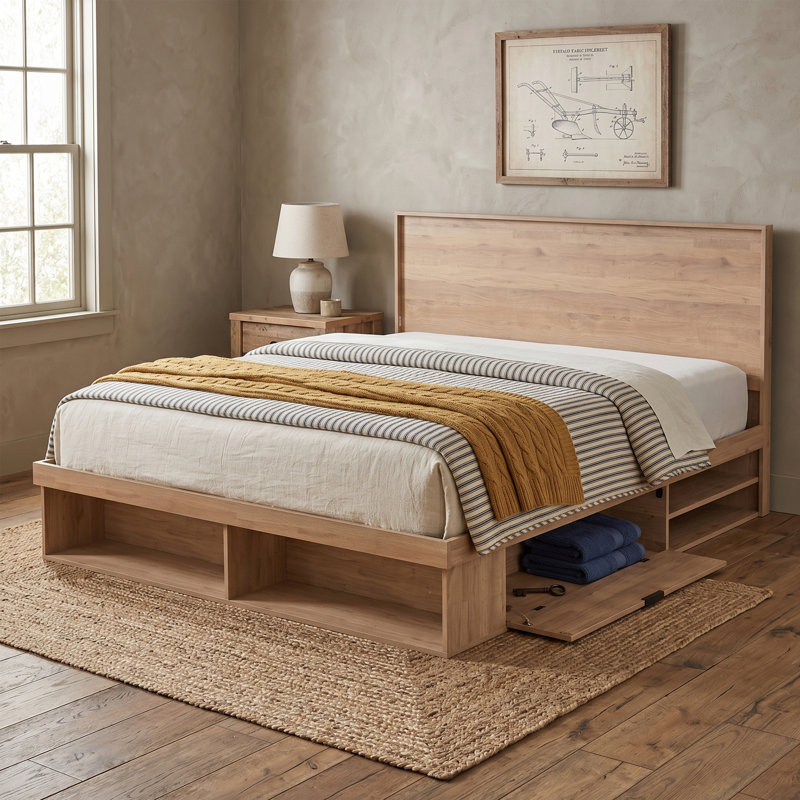 Modern Farmhouse Platform Storage Bed with Concealed Compartments and Open Cubbies, Pale Oak, King