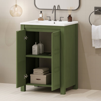 Meuble-lavabo de style transitionnel de 24 pouces avec lavabo en céramique, structure en bois massif, panneaux, fonction de fermeture en douceur, petites portes d'armoire de style rétro de 24 po faciles à nettoyer, 2 tablettes réglables en forme de U