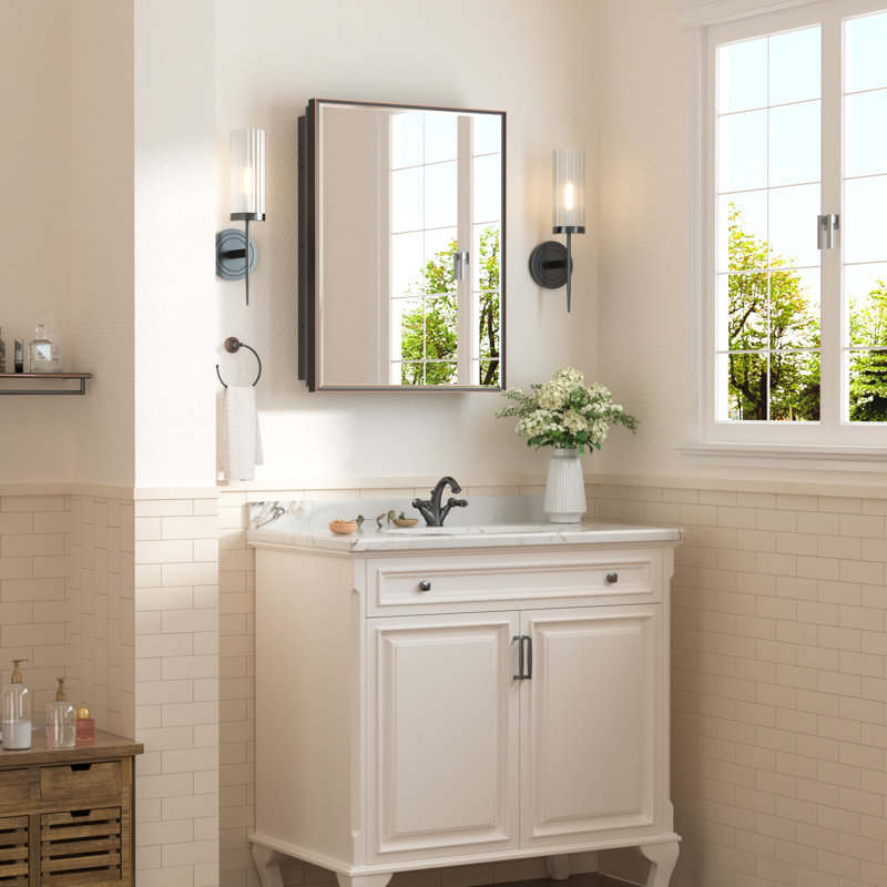 Cyrille Recessed & Surface Framed Medicine Cabinet with Mirror and Shelves, 27" H x 21" W x 5.2" D, Oil Rubbed Bronze