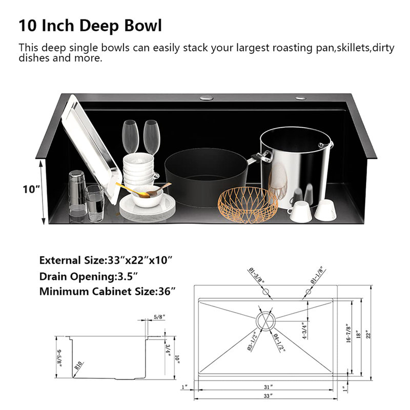 33-Inch Kitchen Sink With Integrated Ledge - Stainless Steel For A Neat Functional, Black