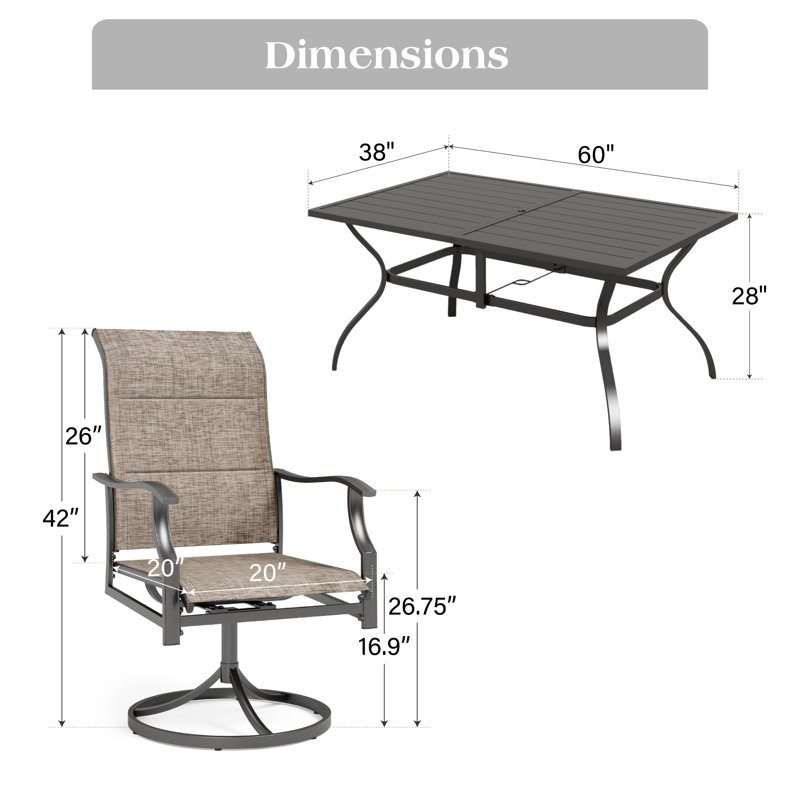 Ensemble de salle à manger rectangulaire en métal pour 6 personnes avec parasol, Marine