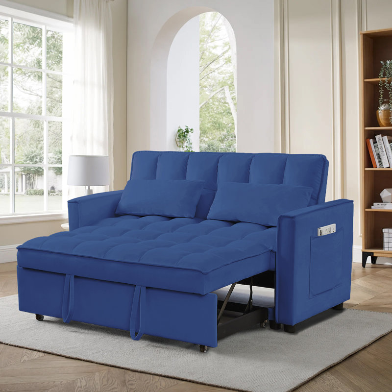 Collinward 53" W Murphy Sofa Bed Loveseat with Adjustable Tufted Back and USB Outlet, Blue Velvet 2, 31" H x 54" W x 38" D