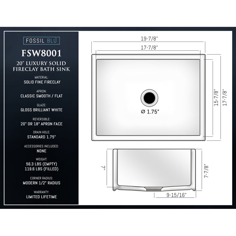 Luxury 19.88" x 17.88" Fireclay Modern Farmhouse Bathroom Sink, Reversible
