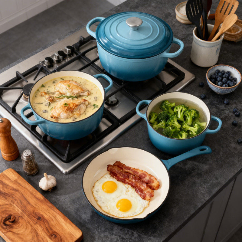 Batterie de cuisine en fonte émaillée 7 pièces 7 pièces, Bleu