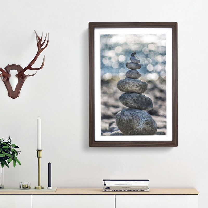 Stacked Zen Stones Painting - Framed Print, 63cm H x 45cm W x 2cm D, Walnut Framed
