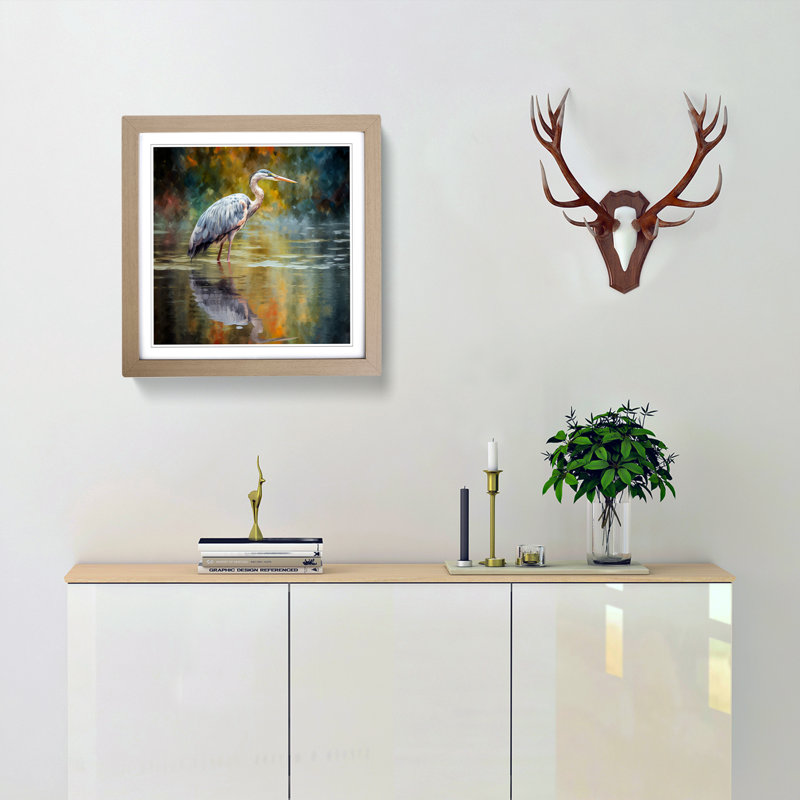 Heron Impressionism - Single Picture Frame Print on Wood, Oak