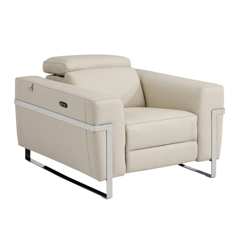 Global United Top Grain Italian Leather Chair With Power Recliner, Beige