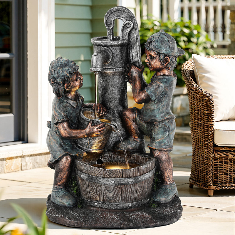26" Antique-Style Water Fountain with LED Lights, Boy-Girl Playing with Faucet Cascading Waterfall Decor, 3-Tier Weather-Resistant Resin Outdoor Feature