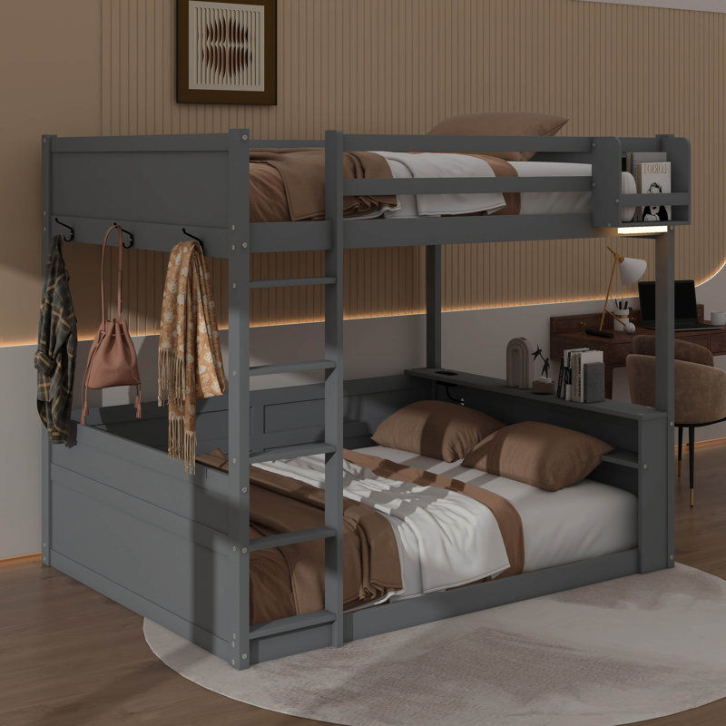 Grand lit superposé avec tablettes intégrées, station de charge à DEL et USB, Gris