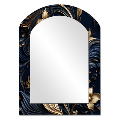 Opulent Allure Deep Navy - Damask Arch Unique Wall Mirror, Boho Asymmetrical Mirror, Printed Metal Art