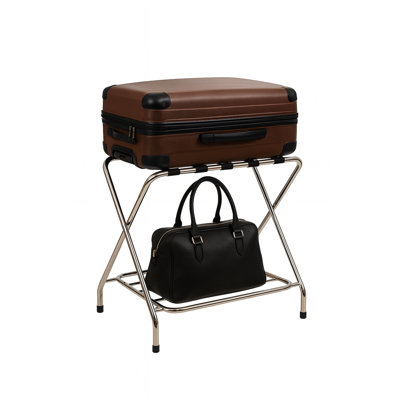Porte-bagages à deux niveaux pour chambre d'amis, chrome, support de valise pliable avec sangles, assemblage automatique - support à bagages robuste pour chambre à coucher, hôtel ou placard (paquet de 1)