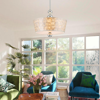 Lustres cylindriques D18in Drum Capiz, luminaire de style bord de mer à 4 lumières pour salle à manger, salon, D18 * H19 ~ 55 pouces (hauteur réglable), abat-jour en coquille et finition argentée