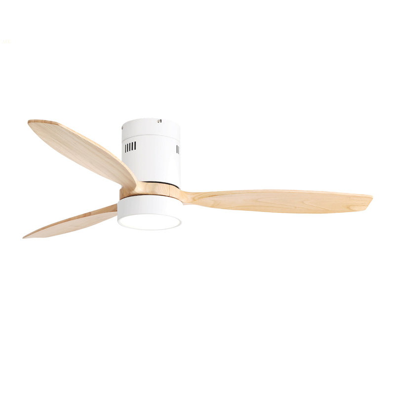 52 Inch Flush Mount Ceiling Fan DC 3 Solid Wood Fan Blade Noiseless Reversible Motor Remote Control With Light