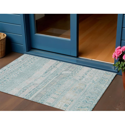 Tapis bleu sarcelle à rayures 3 pi x 5 pi bleu et gris