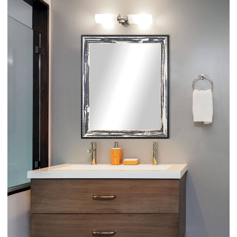 Solid Wood Flat Wall Mirror, 40" H X 30" W, Weathered Whitewash/Dark Rivet