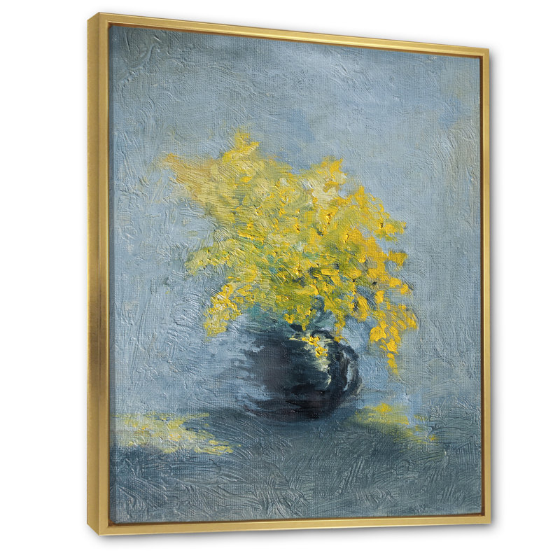 Nature morte jaune et bleu Mimosa - Peinture, H 20 po x l 12 po x P 1 po, Cadre flottant doré