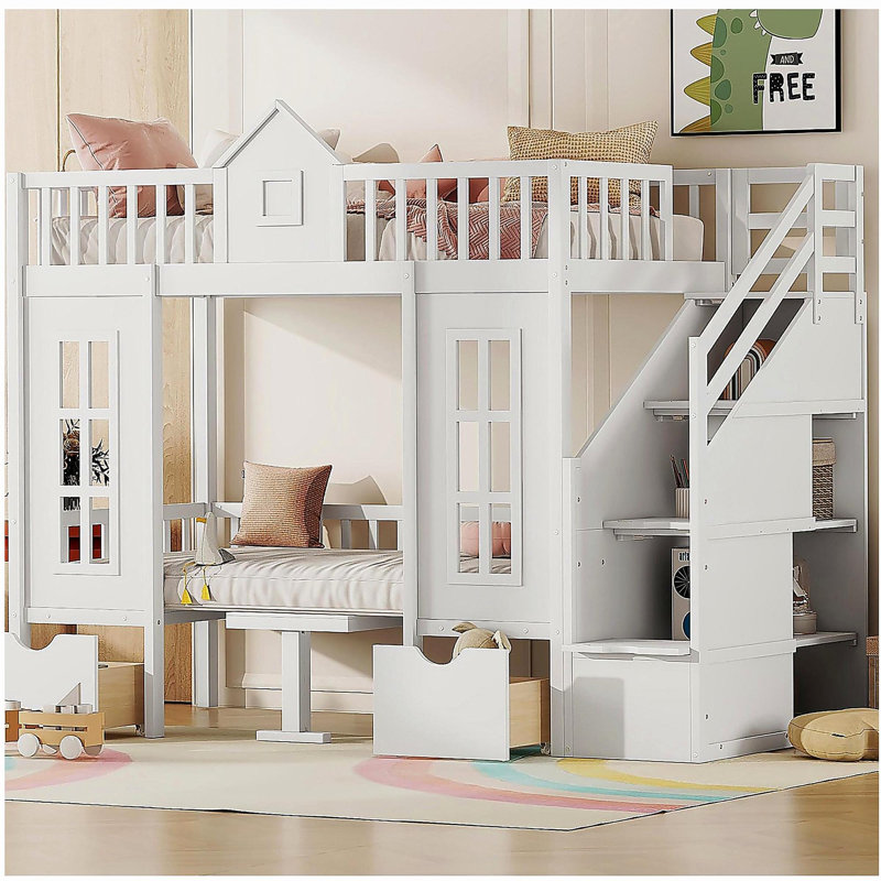 Twin over twin bunk bed with adjustable table, bunk bed can be converted into an upper bed and lower table - pink, Pink