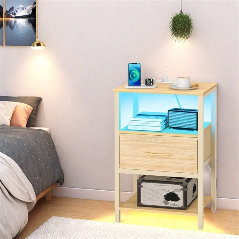 Modern LED Nightstand With Charging Station & Adjustable Fabric Drawer, Natural