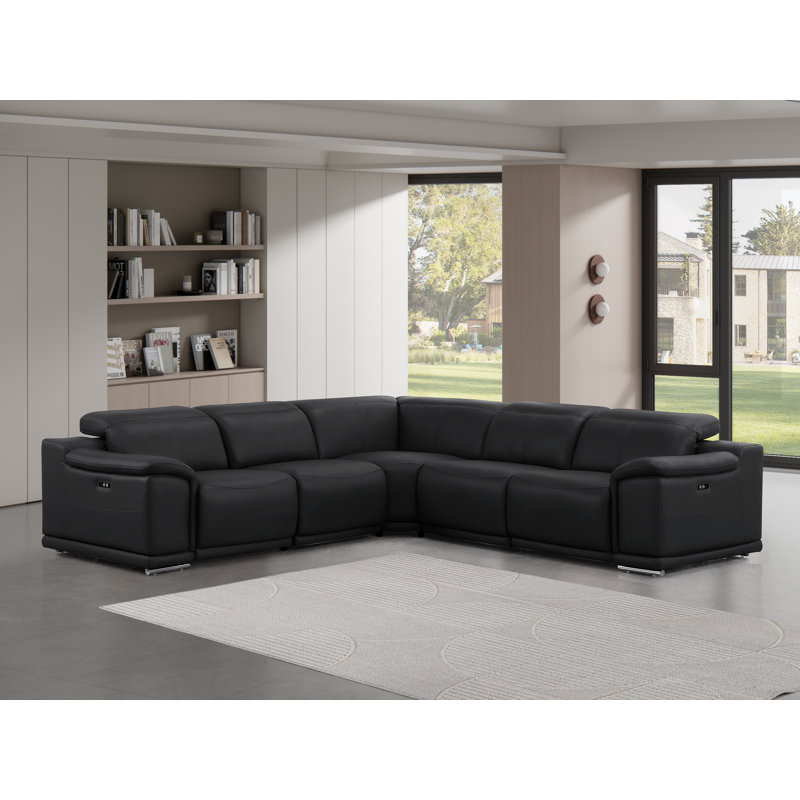 5-Piece L-Shaped Power Reclining Sectional In Genuine Leather – 3 Recliners, Black Top Grain Leather